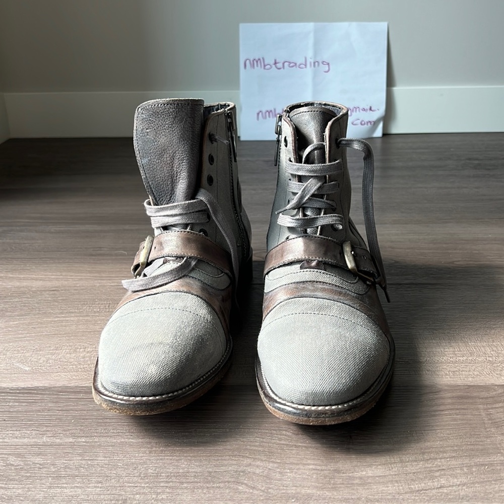 🇺🇸John Varvatos handmade Italy 10M gray fabric brn leather laceup Chelsea boot